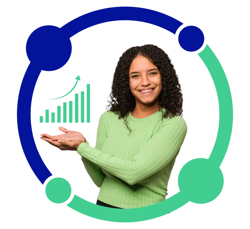 Mulher sorridente apontando para um gráfico de crescimento, representando resultados positivos com serviços de contabilidade para o terceiro setor.