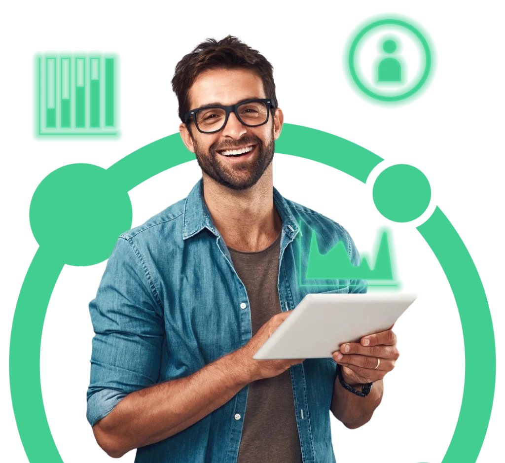 Homem sorridente utilizando um tablet com elementos gráficos digitais ao fundo, representando soluções de contabilidade para o terceiro setor.